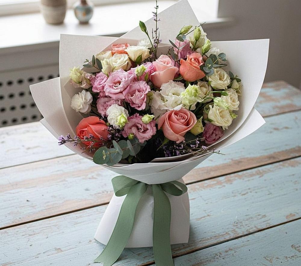 Букет цветов из: Розы, Лизиантусы и Гвоздики в Морозовке