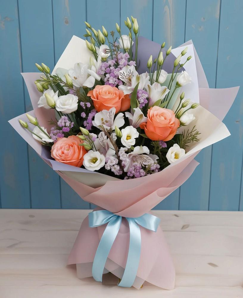 Букет цветов из: Лизиантусы, Розы, Альстромерии и Гипсофила в Морозовке